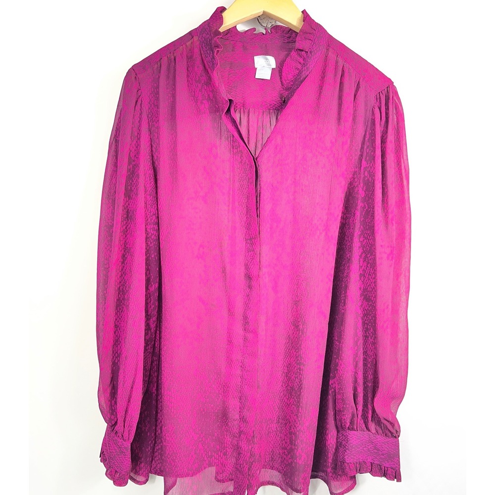 Chico's Magenta Snakeskin Ruffle Neck Bishop Sleeve Blouse Size‎ 3 US 16/18
